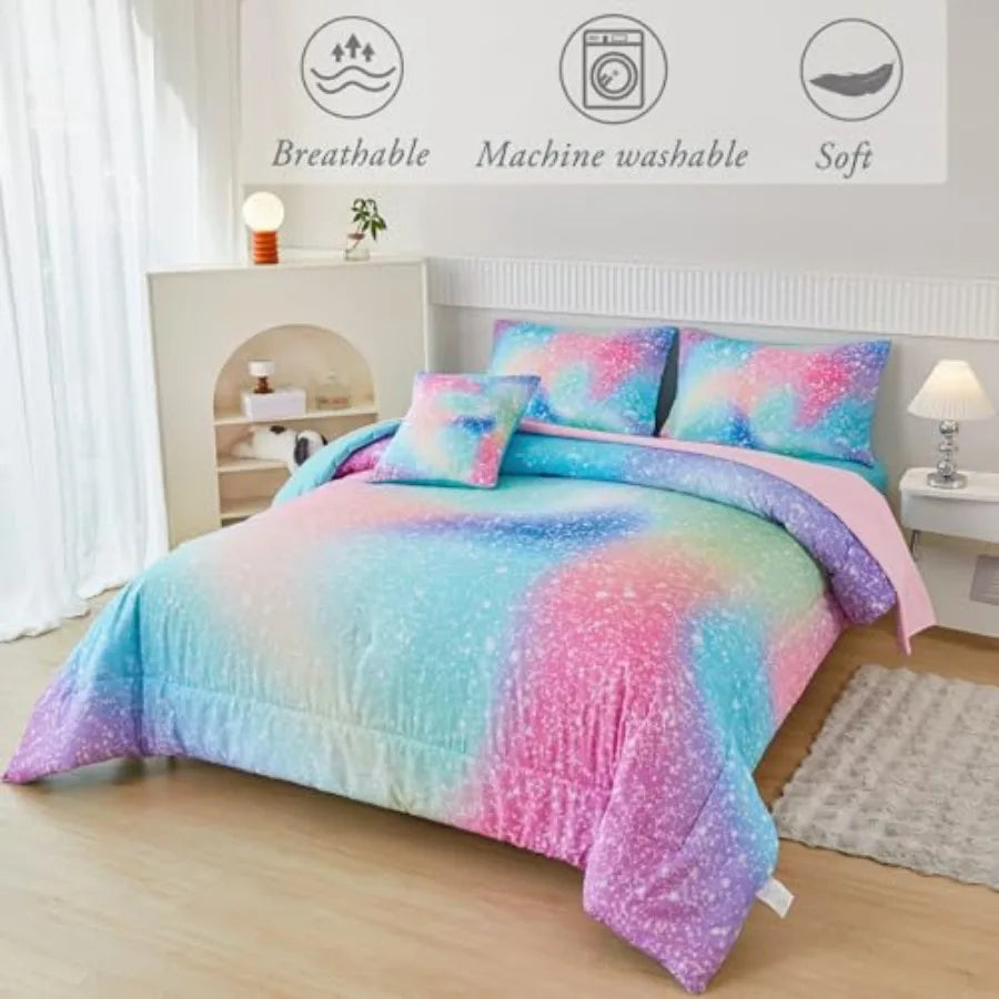 Girls Comforter Set Colorful Rainbow Bed in A Bag for Girls 6 Pcs Ombre Galaxy Glitter Bedding Set