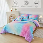 Girls Comforter Set Colorful Rainbow Bed in A Bag for Girls 6 Pcs Ombre Galaxy Glitter Bedding Set