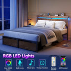 Queen Bed Frame with Wood Headboard,2 Storage Drawers amp Shelf Builtin Charging Station amp LED Lights, Metal Support, No Box