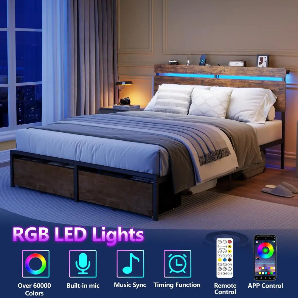 Queen Bed Frame with Wood Headboard,2 Storage Drawers amp Shelf Builtin Charging Station amp LED Lights, Metal Support, No Box