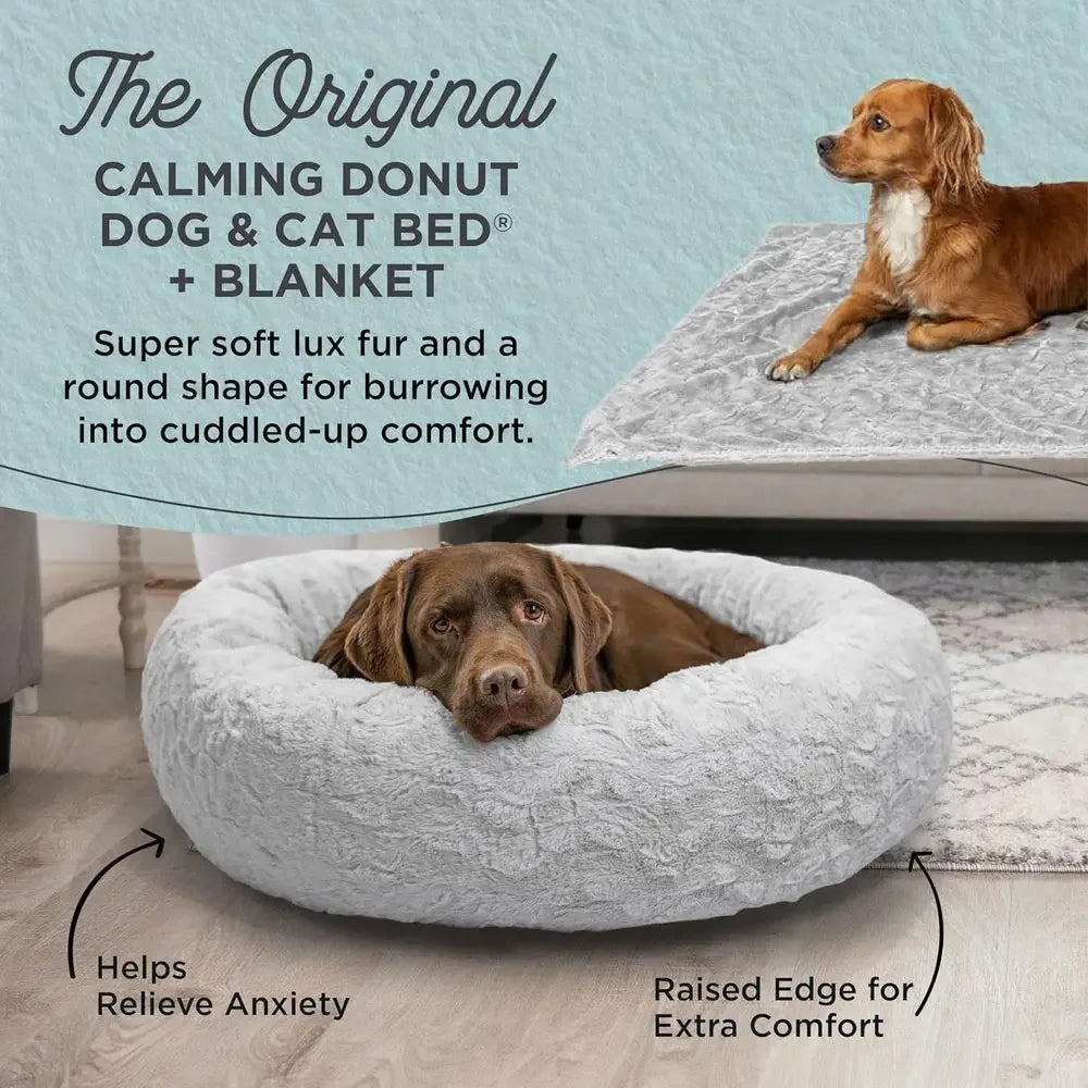 Luxury Calming Donut Cuddler Pet Bed with Throw Blanket, Gray, Large, 36x36