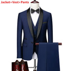 Men Lapel Black Collar 3 Pcs Suit Set Coat Vest Trousers / Business Groom Wedding Dress Fprmal Blazer Pants Waistcoat
