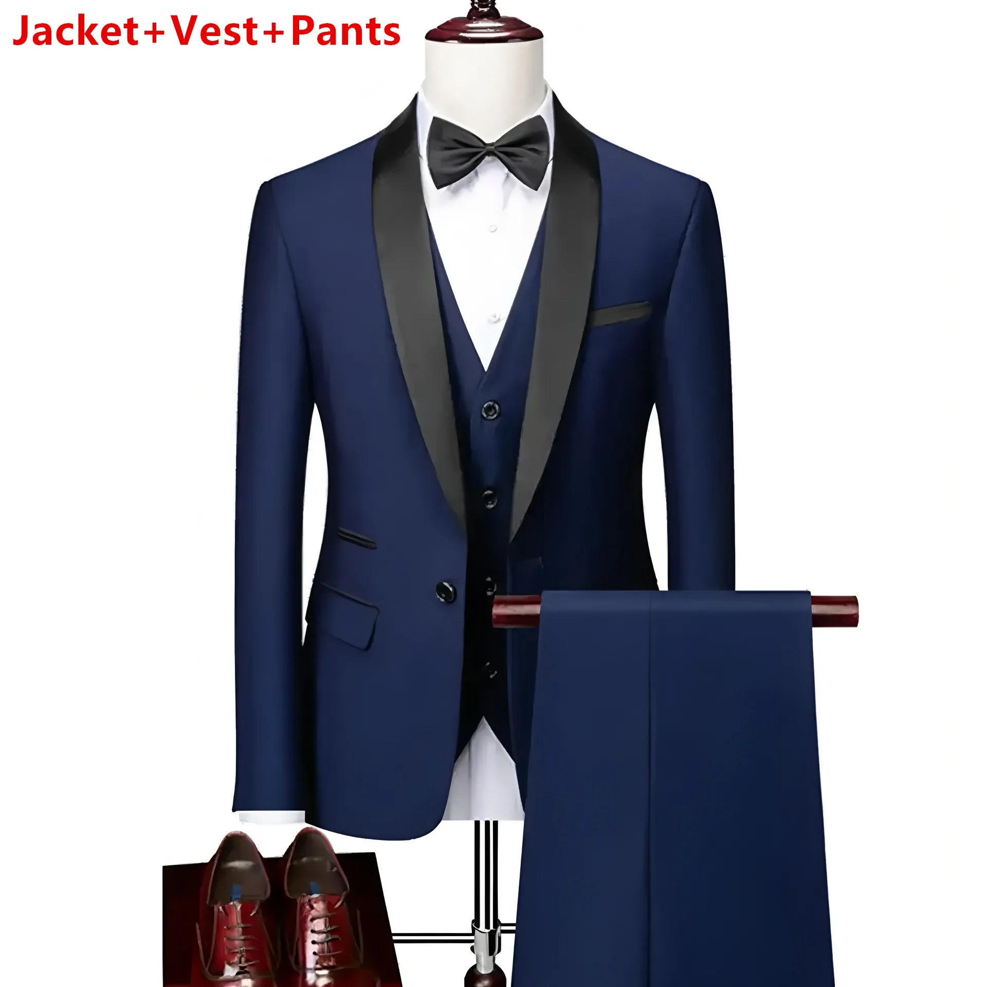 Men Lapel Black Collar 3 Pcs Suit Set Coat Vest Trousers / Business Groom Wedding Dress Fprmal Blazer Pants Waistcoat