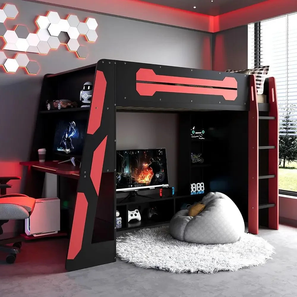 Twin Size Gaming Loft Bed with Integrated Desk and Storage, Wood Frame, LED Light Strip, Space-Saving Design (Red)