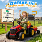 12V Kids Electric Ride On Tractor With Removable Trailer, Remote Control & Manual Drive 2 Modes, Bluetooth Music LED Light, Children Farm Ride‑on Car Toy Gift for Kids Boys Girls