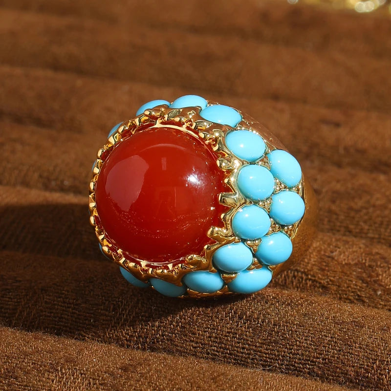 Vintage Red Stone Rings For Woman Round High Quality Blue Glaze Gold Color Luxury Designer Jewelry Accessories Party 2026
