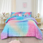 Girls Comforter Set Colorful Rainbow Bed in A Bag for Girls 6 Pcs Ombre Galaxy Glitter Bedding Set