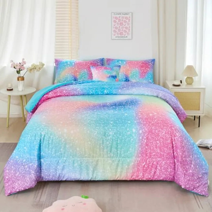 Girls Comforter Set Colorful Rainbow Bed in A Bag for Girls 6 Pcs Ombre Galaxy Glitter Bedding Set