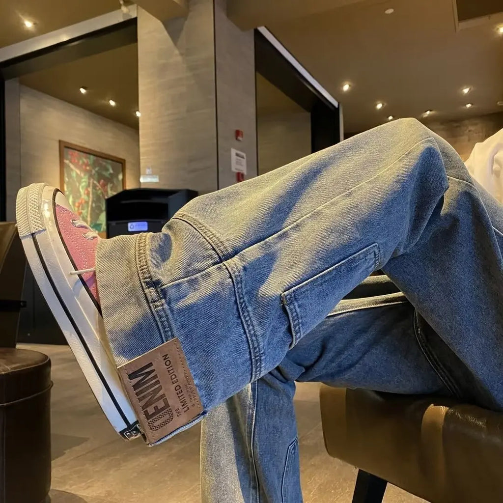 Men's Light Vintage Wash Baggy Wide Leg Jeans Knee Patch Detail Street Style Loose Fit Daily Casual Going Out Hip Hop Denim Trousers