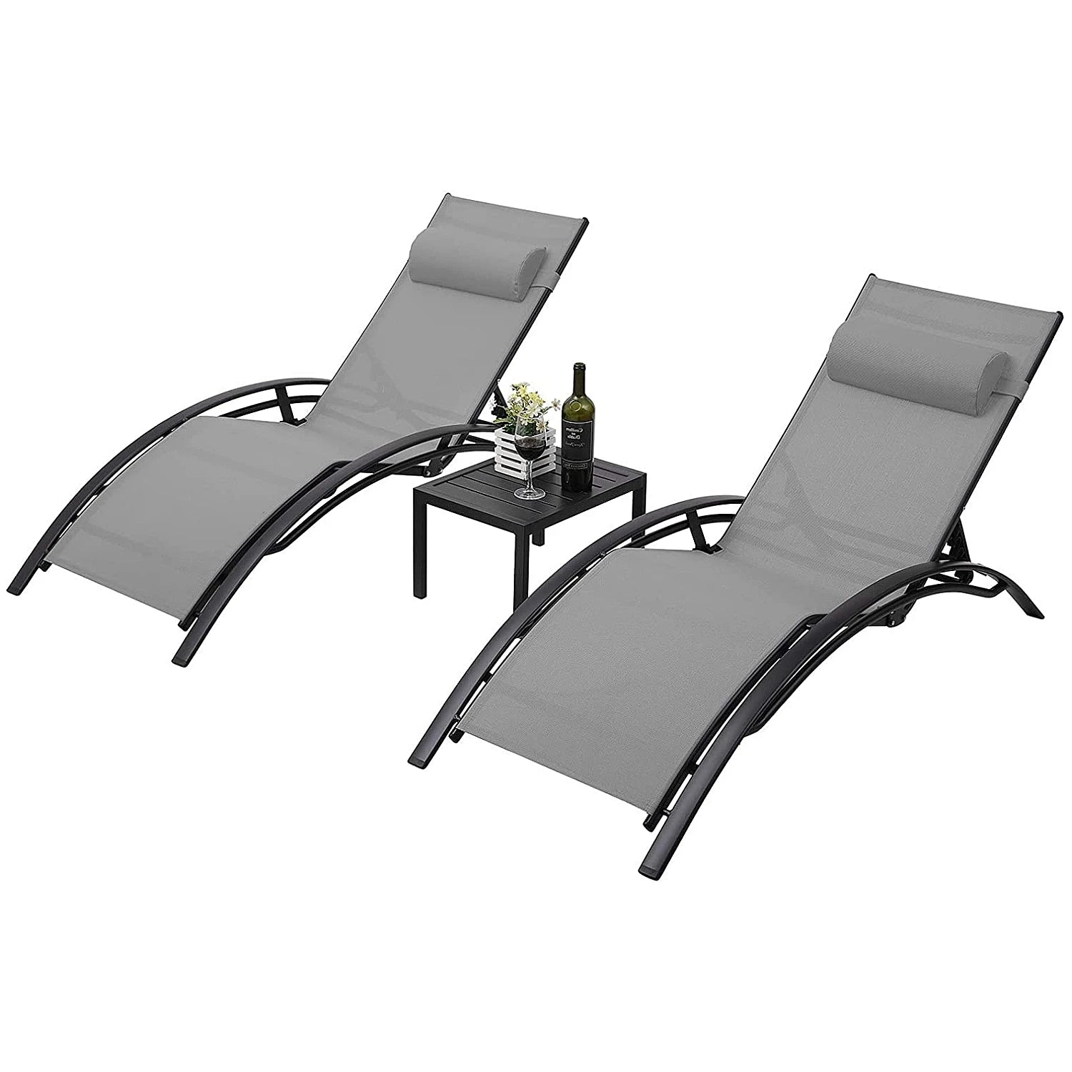 Garden Sun Loungers, Set of 2 with Side Table and Cushions, Aluminum,Weather Resistant,5-Way Adjustable Backrest,for Garden,Pool