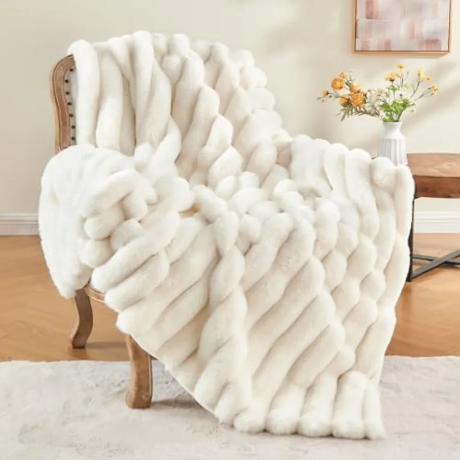 Faux Fur Throw Blanket for Couch, Soft and Cozy Luxurious 3D Striped Fluffy Blanket, 770GSM Thick Warm Plush Fuzzy Faux Rabbit
