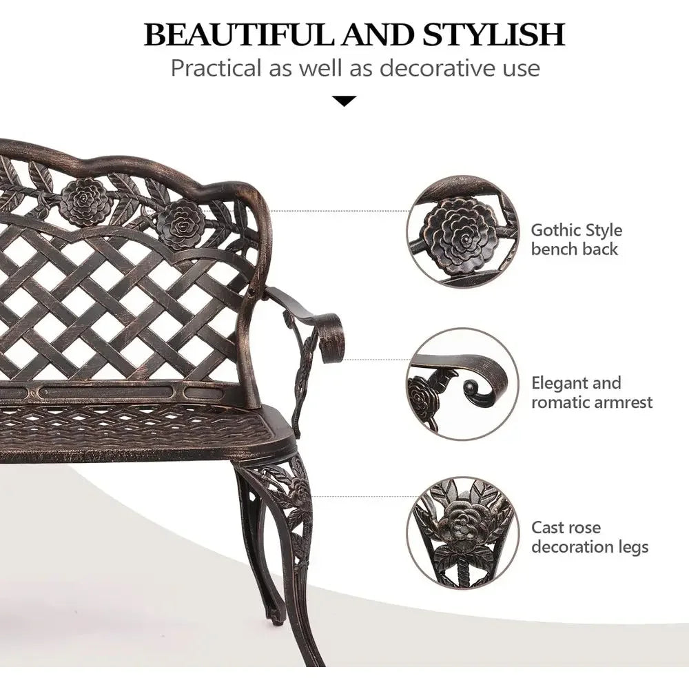 42.5 Outdoor Metal Garden Bench, Antique Irish Style, Cast Iron & Aluminum, Seats 2-3
