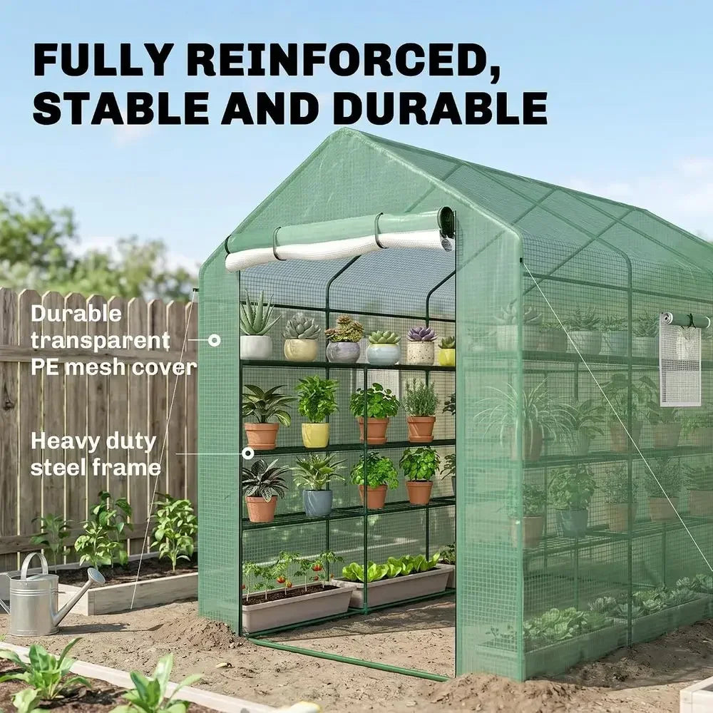 6' x 8' Walk-In Greenhouse with PE Cover, 4-Tier Shelves, Steel Construction, Roll-Up Door for Growing Vegetables, Saplings, and