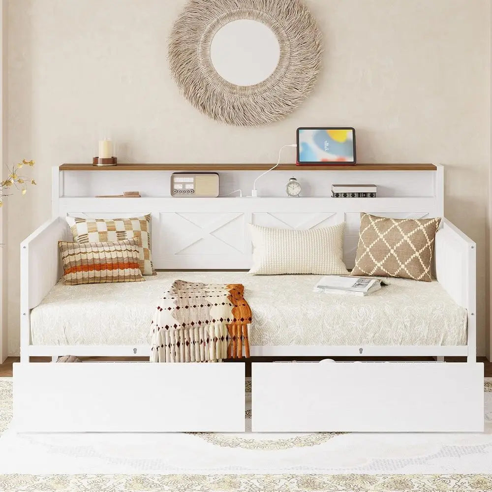 Twin Daybed with Storage, Metal Frame, X-Headboard, Charging Station, White/Walnut Upholstered