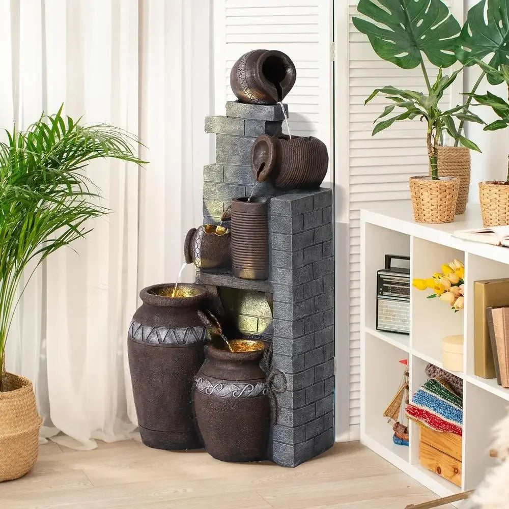 6-Tier Cascading Bowl Fountain with Stacked Stones for Gardens, Patios, Balconies, and Lawns (Gray)