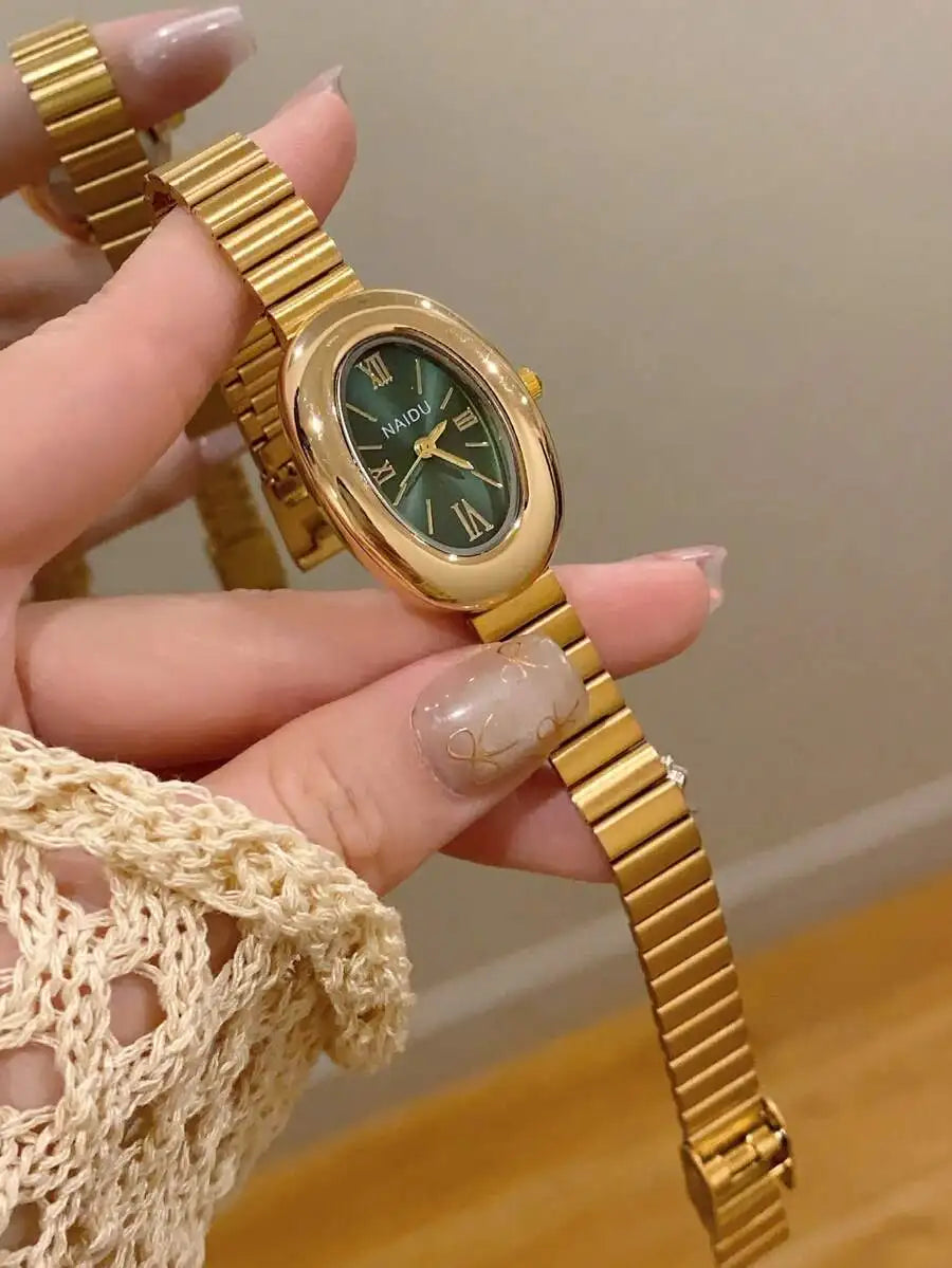 1pc Oval Bamboo Texture Strap Women's Watch, Gold Adjustable Strap, Elegant & Versatile Quartz Wristwatch, Suitable For Daily