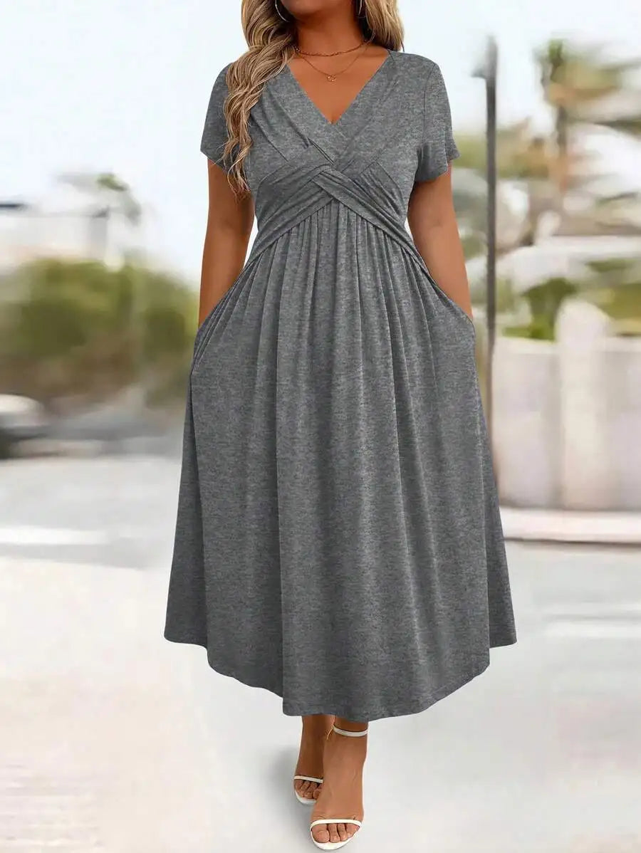 Plus Size Casual Solid V-Neck Cinched Waist A-Line Midi Dress With Pockets For Summer