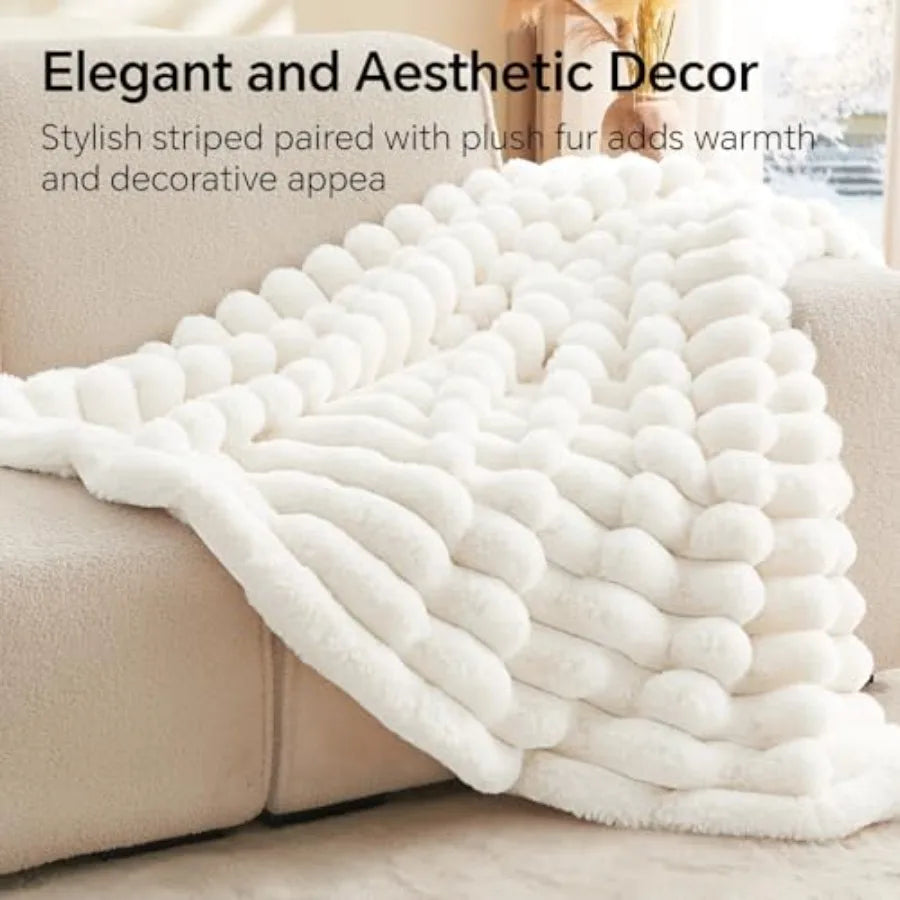 Faux Fur Throw Blanket for Couch, Soft and Cozy Luxurious 3D Striped Fluffy Blanket, 770GSM Thick Warm Plush Fuzzy Faux Rabbit