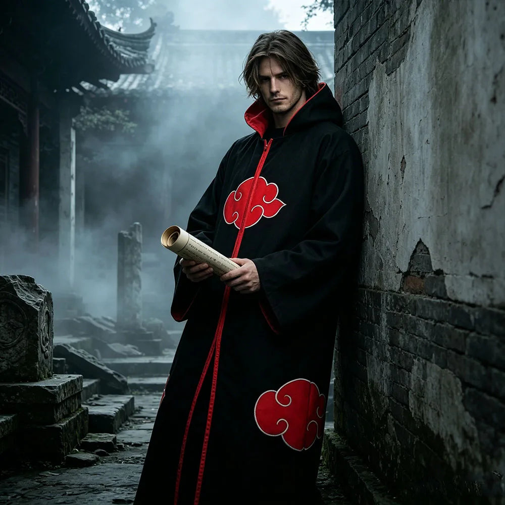 Anime Red Cloud Cosplay Cloak Black Long Robe Hood Stand Collar Halloween Carnival Party Stage Performance Costume for Men Women