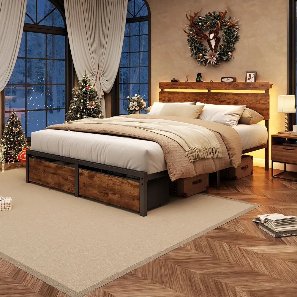 Queen Bed Frame with Wood Headboard,2 Storage Drawers amp Shelf Builtin Charging Station amp LED Lights, Metal Support, No Box