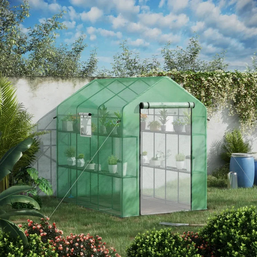 Outdoor walk-in greenhouse 7' x 5' x 6' with UV-protective green polyethylene cover, steel frame, mesh door and windows, includ