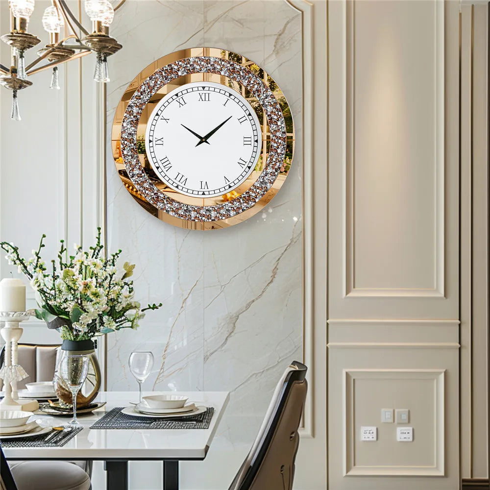 Large Mirror Wall Clock with Crushed Diamond Edge, Sparkling Bling Bling Crystal Round Clock for Living Room, Luxury Glamorous Home Decor, Silent Non-Ticking Quartz, Silver/Tawny Roman Numeral Modern Wall Art