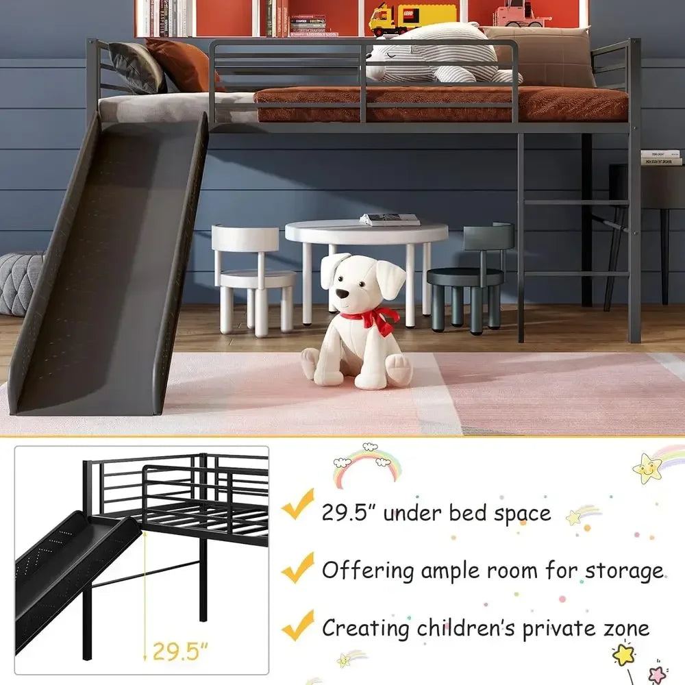 Twin Over Full Bunk Bed with Slide, Metal Frame, Safety Rails, Ladder - Black