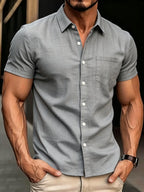 Men Slim Fit White Linen Short Sleeve Shirt Point Collar Chest Pocket Full Button Down Lightweight Textured Breathable Summer Business Casual Top