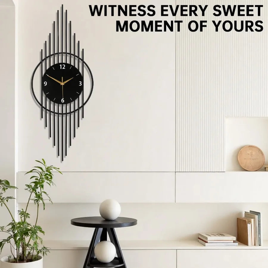 Modern Black Metal Wall Clock, Art Deco Style Large Decorative Clock for Living Room, Silent Non-Ticking Hanging Clock with Geo
