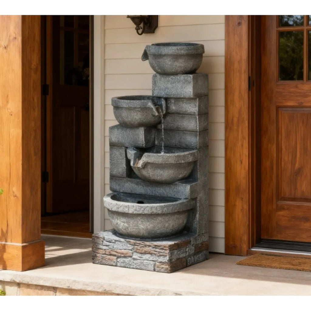 Garden Fountain,Tall Outdoor Waterfall Fountain with LED Lights, 4-Tier Resin Cascading Water Bowls with Pump On-Site