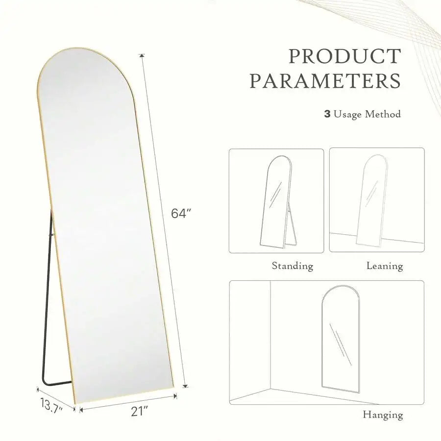 64'X21' Full Length Mirror With Stand,Room Decor Alloy Frame Arched Body Mirror,Mid Century Modern Furniture Style Standing/Lean