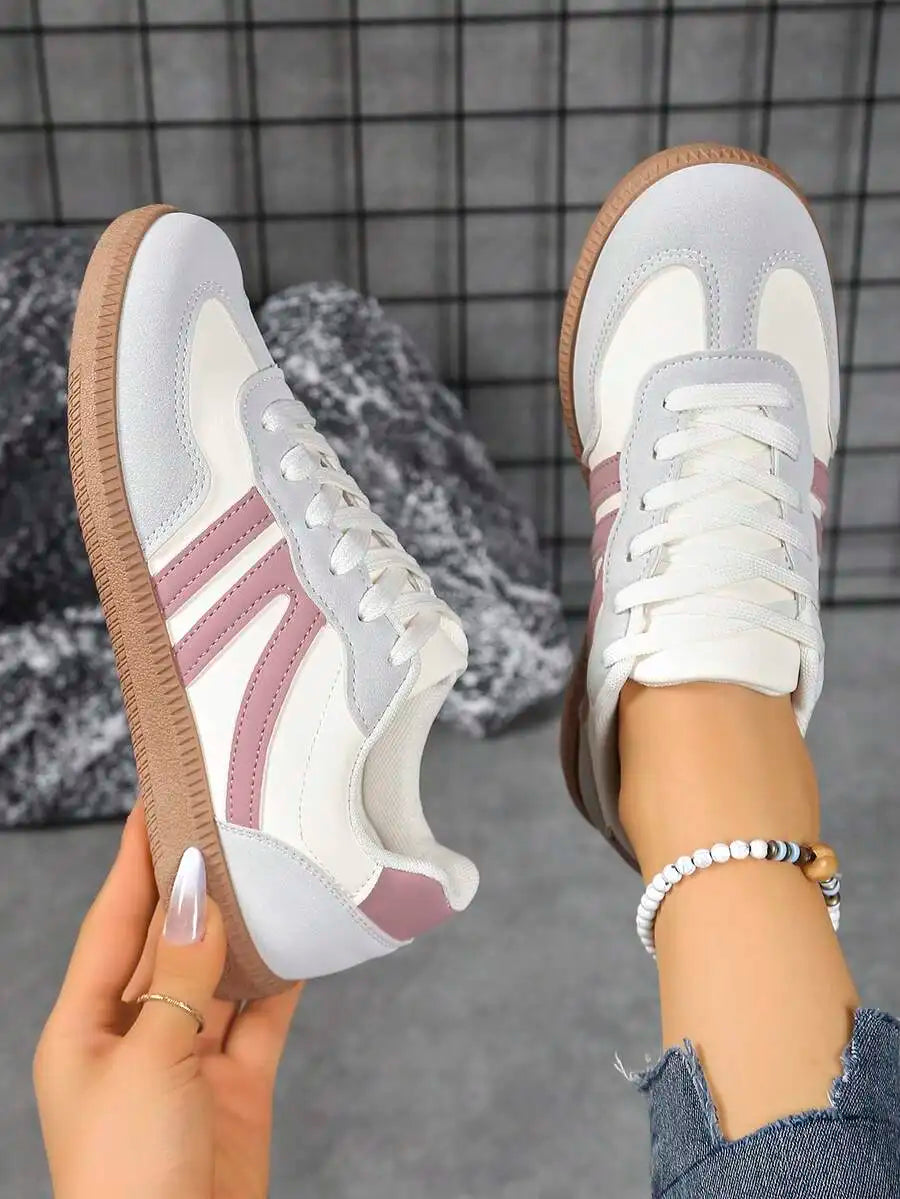 Womens Pink Casual Flat Sneakers With White Stripes Comfortable Lace-Up Shoes For Spring Summer