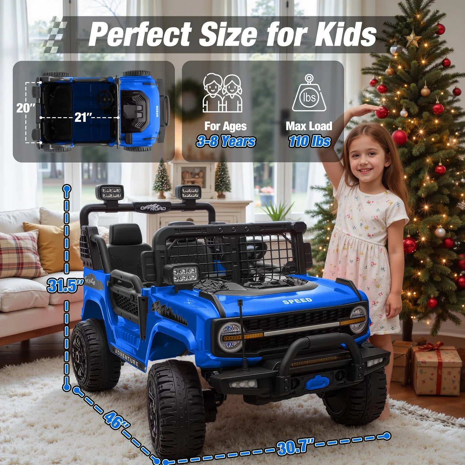 2 Seater 24V Kids Electric Ride On Off-Road Truck with Remote Control Bluetooth LED Lights, 2-Seat Ride On Vehicle Toy for Kids Boys Girls Gift