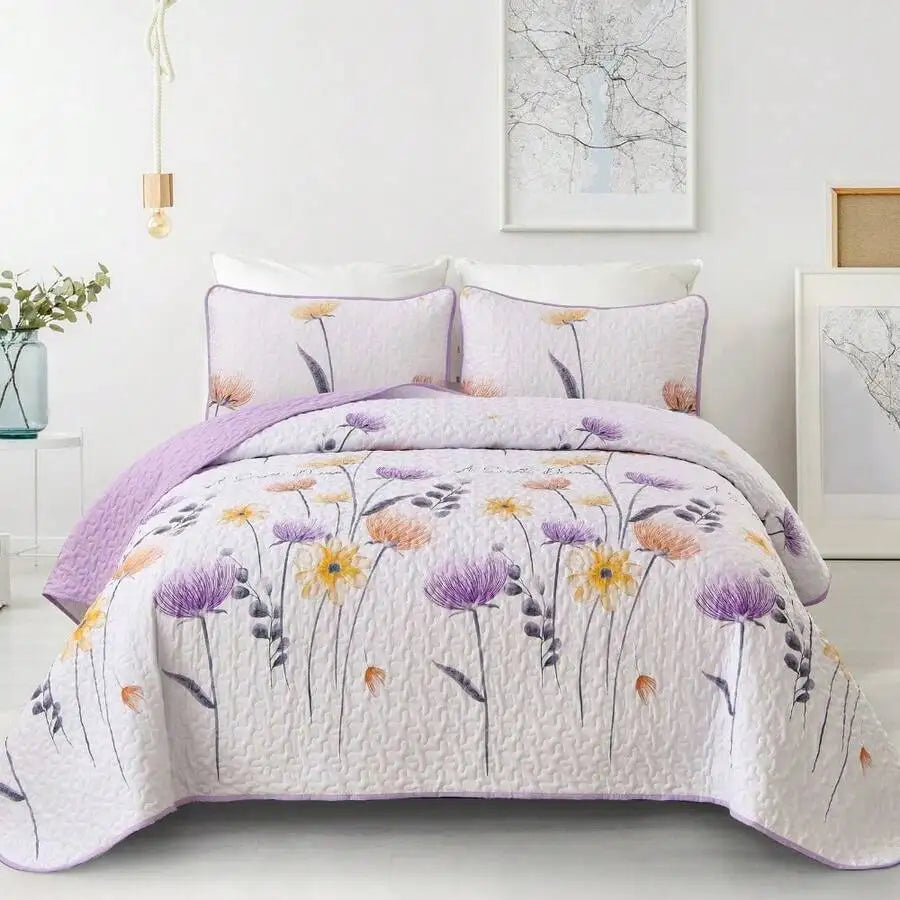 3 Pieces  Yellow Flower Quilt Set Twin Full Queen King Size, Paisley Patchwork Plaid Bedspread Bedding Sets  Coverlet Set.