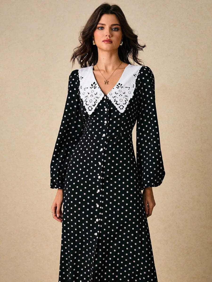 Womens Black White Polka Dot Button Front Midi Dress Lace Peter Pan Collar Long Sleeve Vintage Tea Party Dress