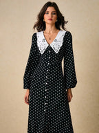 Womens Black White Polka Dot Button Front Midi Dress Lace Peter Pan Collar Long Sleeve Vintage Tea Party Dress