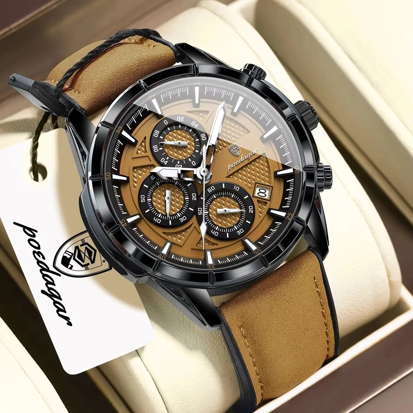POEDAGAR Top Original Vintage Men Wristwatch Date Chronograph Fashion Leather Quartz Men's Watches Waterproof Luminous Business Man Watch High Quality Reloj