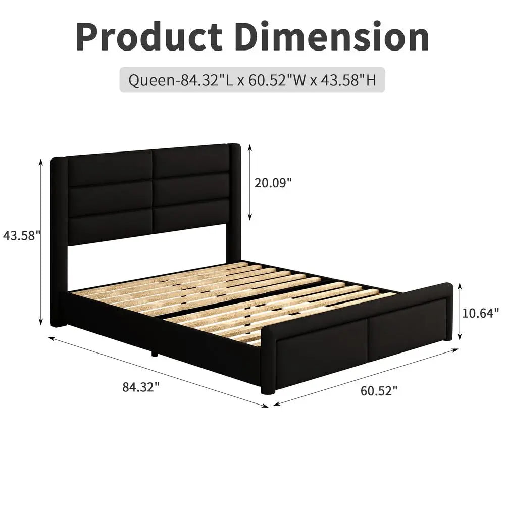 Upholstered Bed Frame with Headboard and LED Lights, Modern Faux Leather Bed Frame with Wooden Slats Support and Heavy Duty Mat