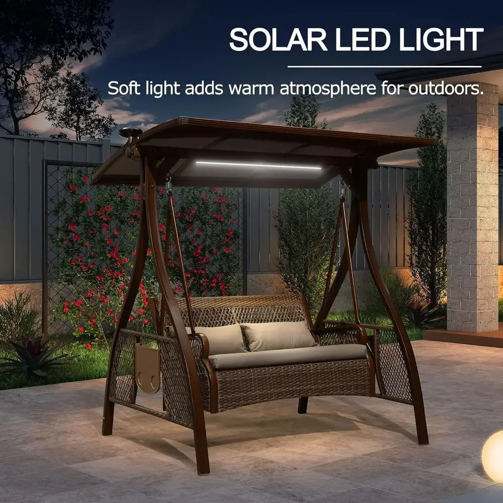 2 Person Wicker Porch Swing Chair with LED Light and Cushions for Outdoor Relaxation