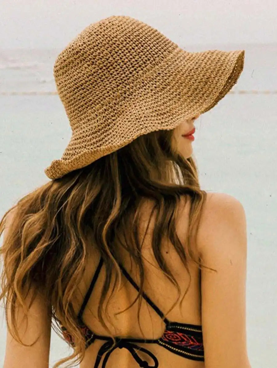 DAZY Versatile And Foldable Khaki Straw Hat For Women, Sun Protection And Beach Vacation, Korean Style Boho
