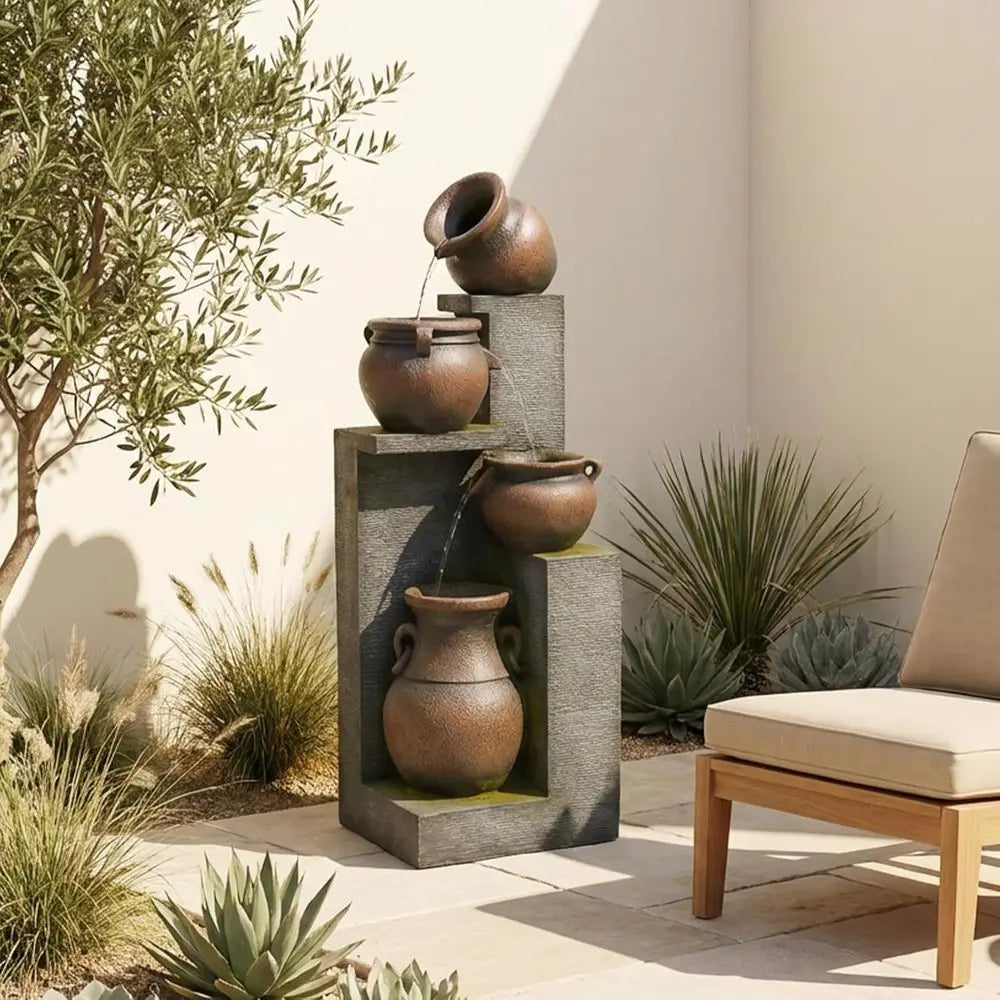 4-Tier Cascading Bowl Outdoor Water Fountain with Lights for Garden, Patio, Backyard, and Home Decor
