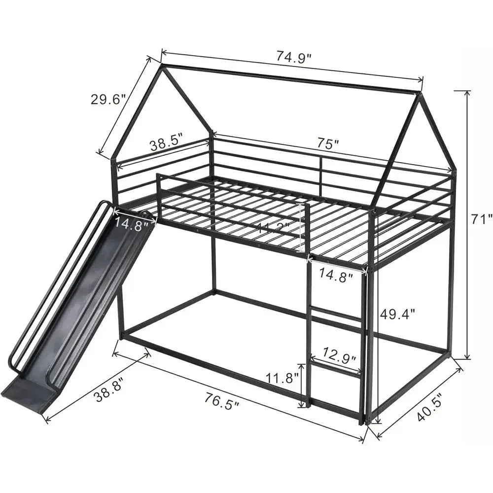 Twin Over Twin Bunk Bed with Slide and Ladder, Metal Frame for Kids, Black