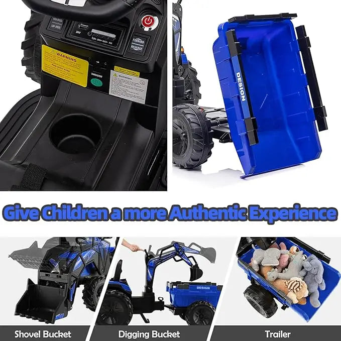 3-in-1 Ride-On Tractor with Excavator and Bulldozer Models — Kids Electric Construction Vehicle with Trailer, Digger, Shovel Bucket, Parent Remote Control, LED Lights, Music & USB, Battery