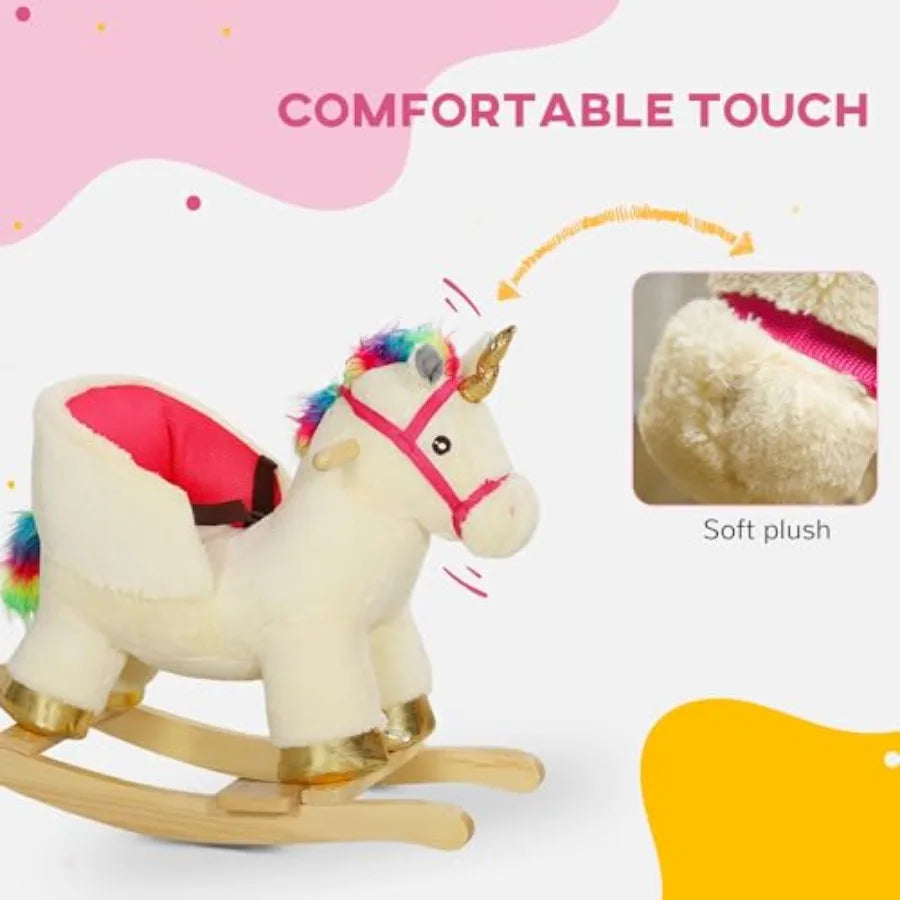 Rocking Horse, Ride on Unicorn with Realistic Sounds, Safety Belt and Wooden Base, Plush Animal Rocker for Toddlers -36 Months,