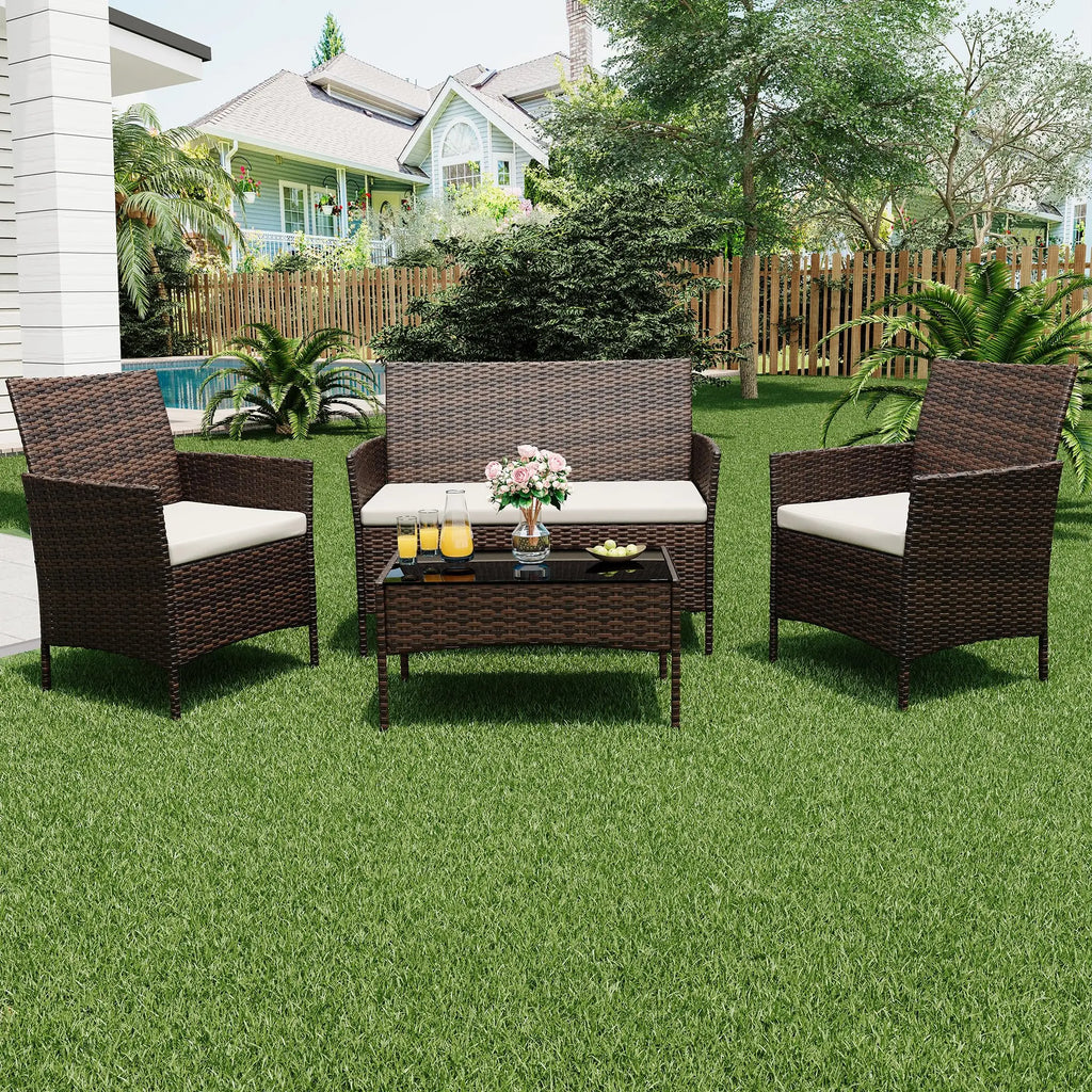 4 Piece Patio Furniture Set, Outdoor Rattan Bistro Set With Cushioned Sofa, 2 Chairs, Glass Table For Porch Backyard