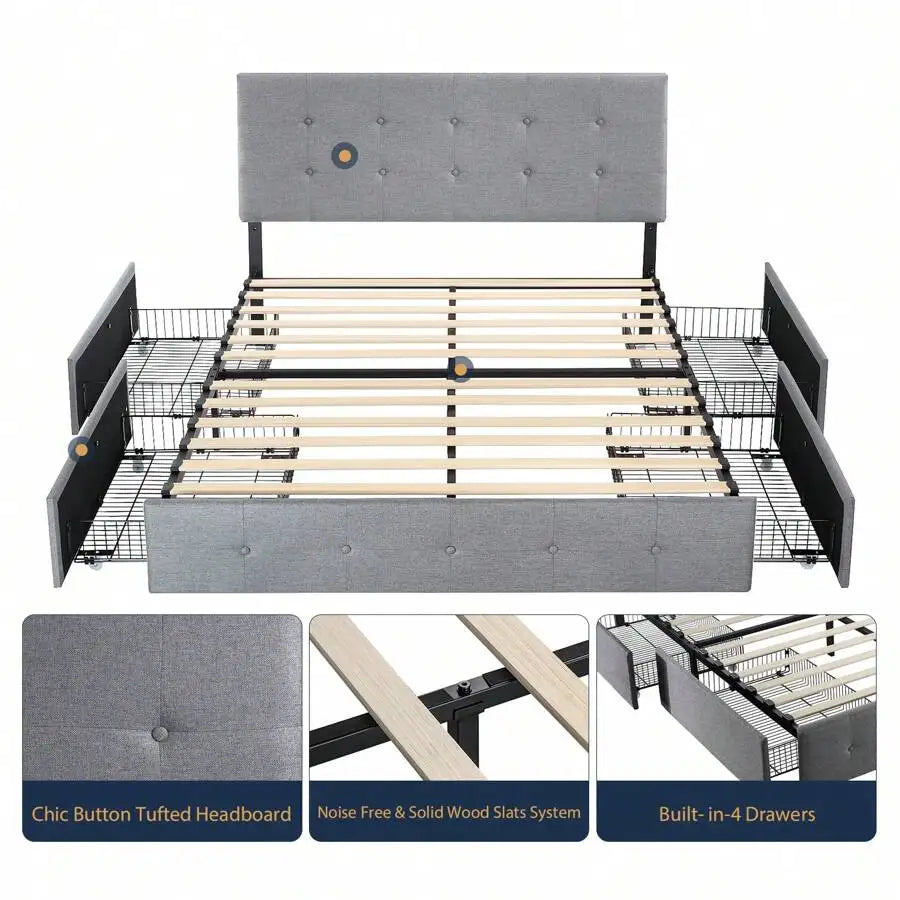 Full/Queen/King Platform Bed Frame With 4 Storage Drawers, Adjustable Headboard, Faux Leather Button Tufted Square Stitched Design, Wooden Slats, Noise-Free, No Box Spring Needed, Easy Assembly, Light Grey