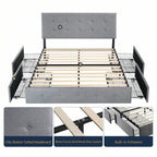 Full/Queen/King Platform Bed Frame With 4 Storage Drawers, Adjustable Headboard, Faux Leather Button Tufted Square Stitched Design, Wooden Slats, Noise-Free, No Box Spring Needed, Easy Assembly, Light Grey