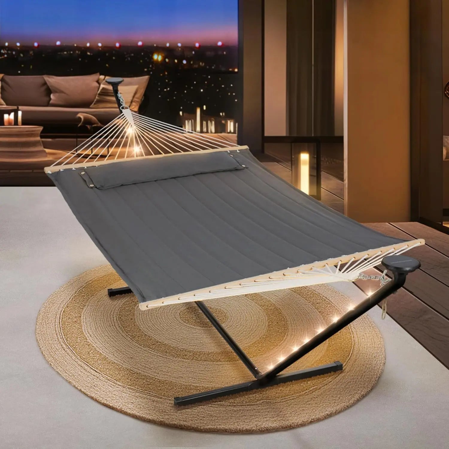 Outdoor Double Hammock with 12 ft Stand and Solar Powered Lights in Dark Gray