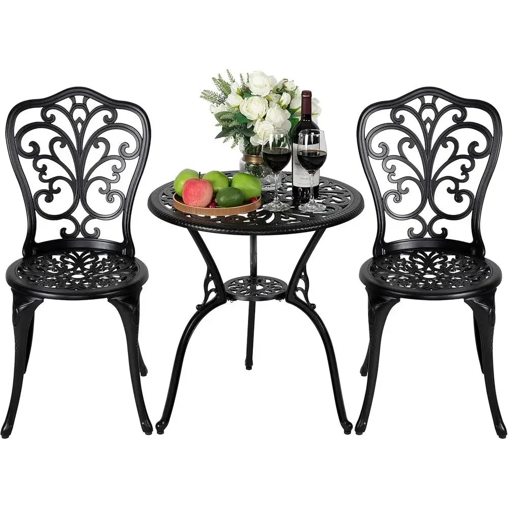 Outdoor 3-Piece All-Weather Cast Aluminum Patio Bistro Set with Umbrella Hole for Balcony and Yard, Black