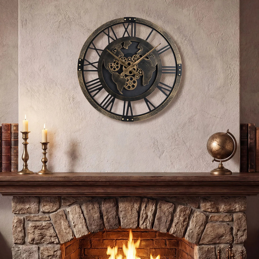 Large Wall Clock, 27” Gear Clock w/ World Map, Non-Ticking Decorative Metal Clock